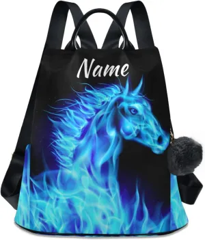 SUABO Fire Horse Blue Custom Backpack Purse for Women, Anti Theft Personalized Name Shoulder Bag Fashion Ladies Travel Bags