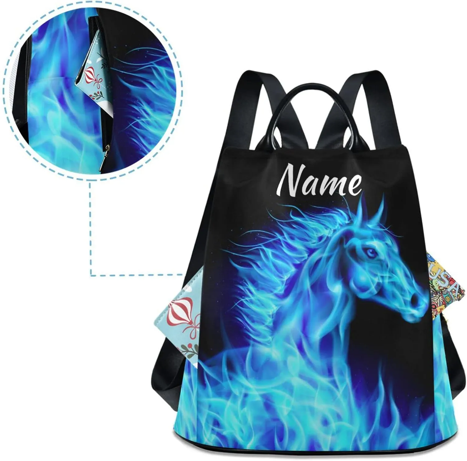 SUABO Fire Horse Blue Custom Backpack Purse for Women, Anti Theft Personalized Name Shoulder Bag Fashion Ladies Travel Bags