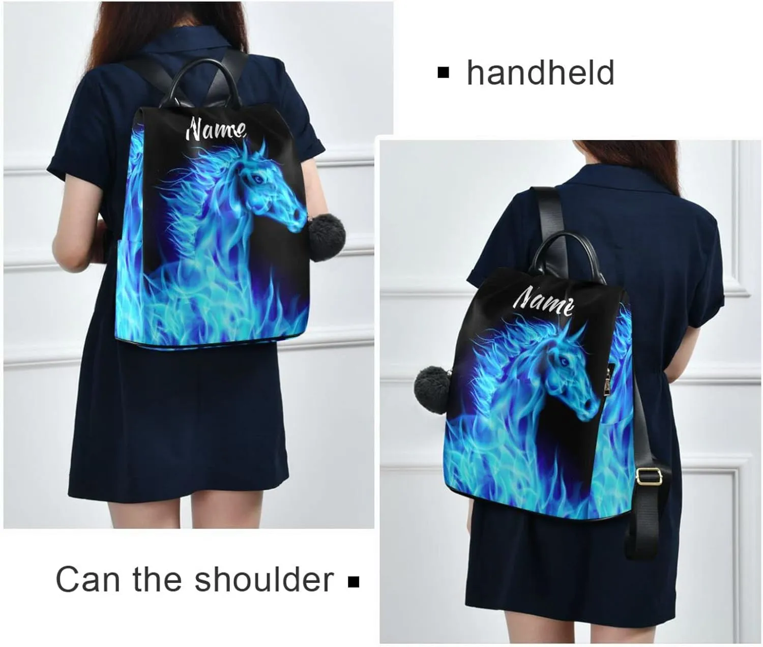 SUABO Fire Horse Blue Custom Backpack Purse for Women, Anti Theft Personalized Name Shoulder Bag Fashion Ladies Travel Bags
