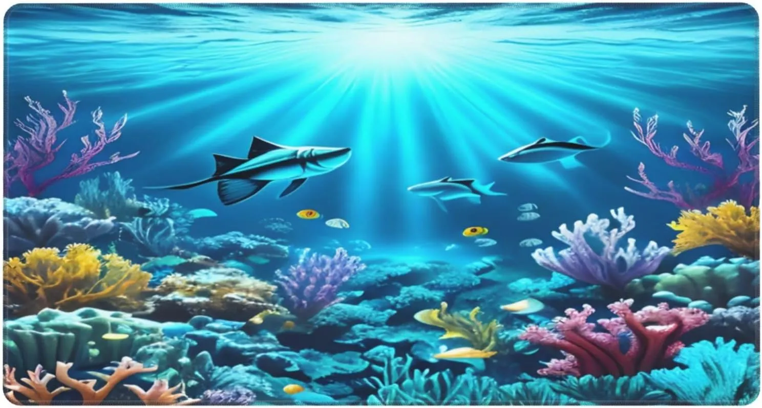 Submarine Coral Rays Non-Slip Desk Pad,Mouse Pad,Waterproof PVC Desk Table Protector, Easy Clean Laptop Desk Writing Mat for Office Work/Home/Decor