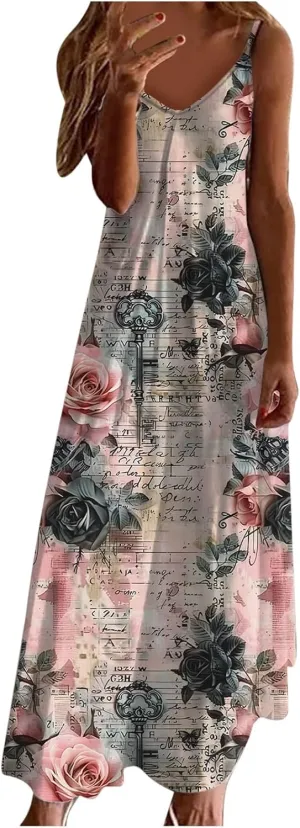 Summer Casual Dresses for Women Floral Vintage Summer Sleeveless Spaghetti Strap Dress Maxi V-Neck Casual Dresses