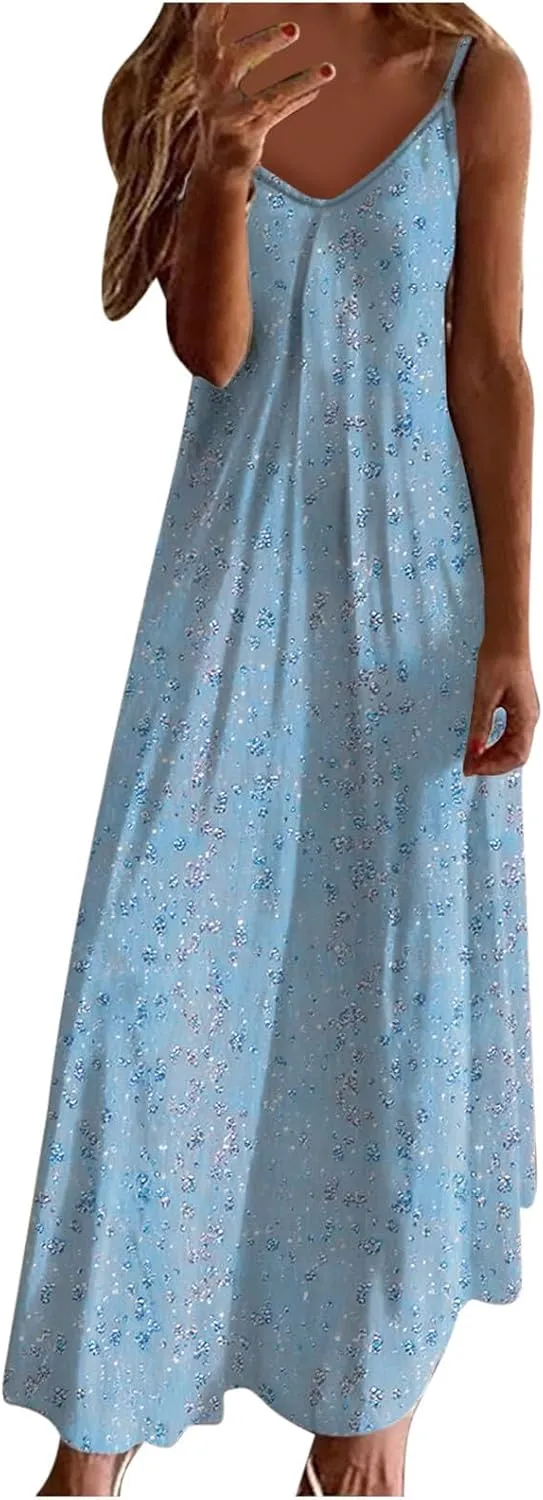 Summer Casual Dresses for Women Floral Vintage Summer Sleeveless Spaghetti Strap Dress Maxi V-Neck Casual Dresses