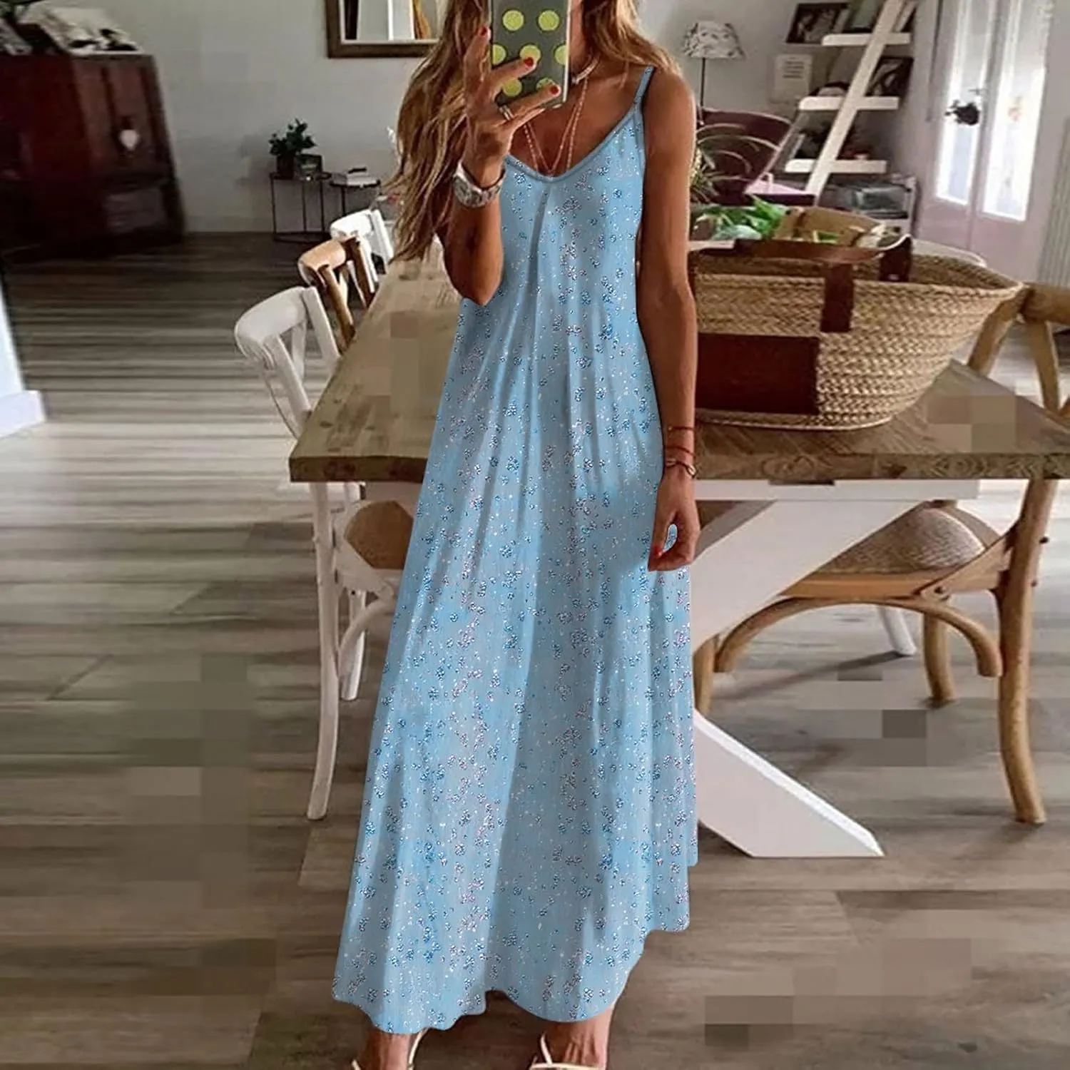 Summer Casual Dresses for Women Floral Vintage Summer Sleeveless Spaghetti Strap Dress Maxi V-Neck Casual Dresses