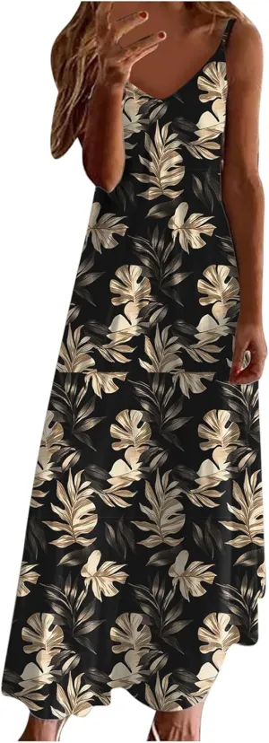 Summer Casual Dresses for Women Floral Vintage Summer Sleeveless Spaghetti Strap Dress Maxi V-Neck Casual Dresses