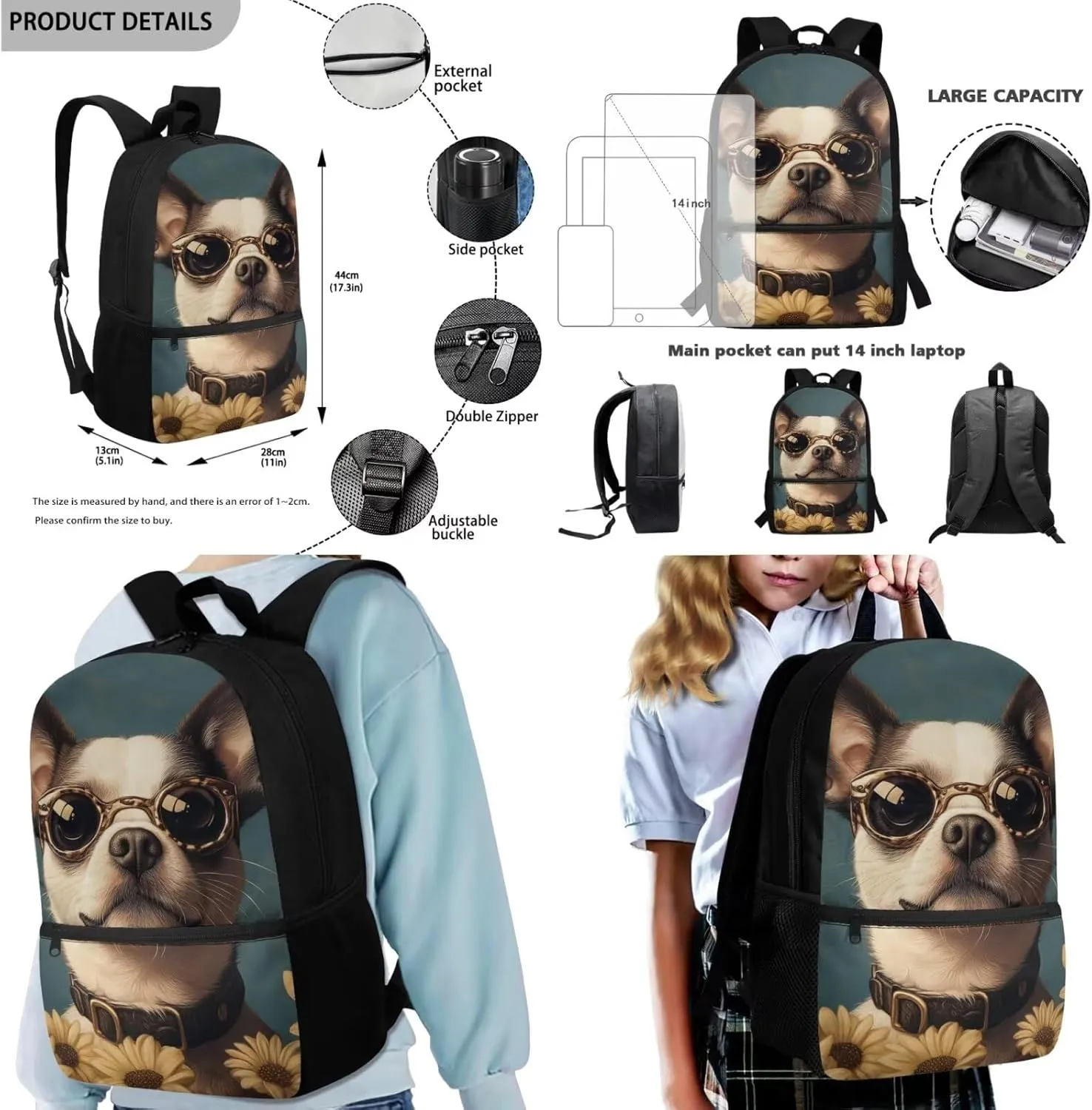 Sunflower Backpack for Toddler Boys French Bulldog Bookbag for Kids with Lunchbox and 2 Bookmarks 3 Pieces School Bag for Primary School Satchel Bag