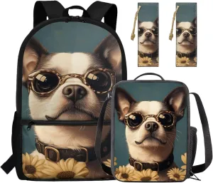 Sunflower Backpack for Toddler Boys French Bulldog Bookbag for Kids with Lunchbox and 2 Bookmarks 3 Pieces School Bag for Primary School Satchel Bag