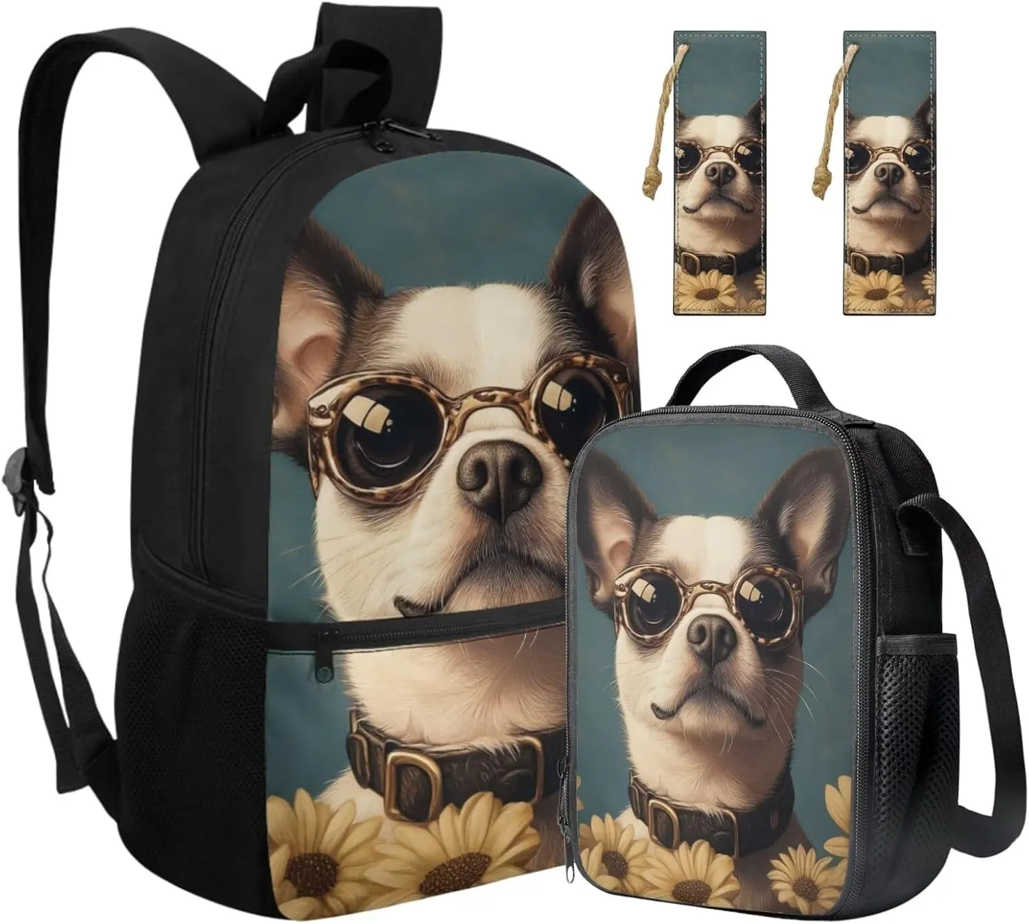 Sunflower Backpack for Toddler Boys French Bulldog Bookbag for Kids with Lunchbox and 2 Bookmarks 3 Pieces School Bag for Primary School Satchel Bag