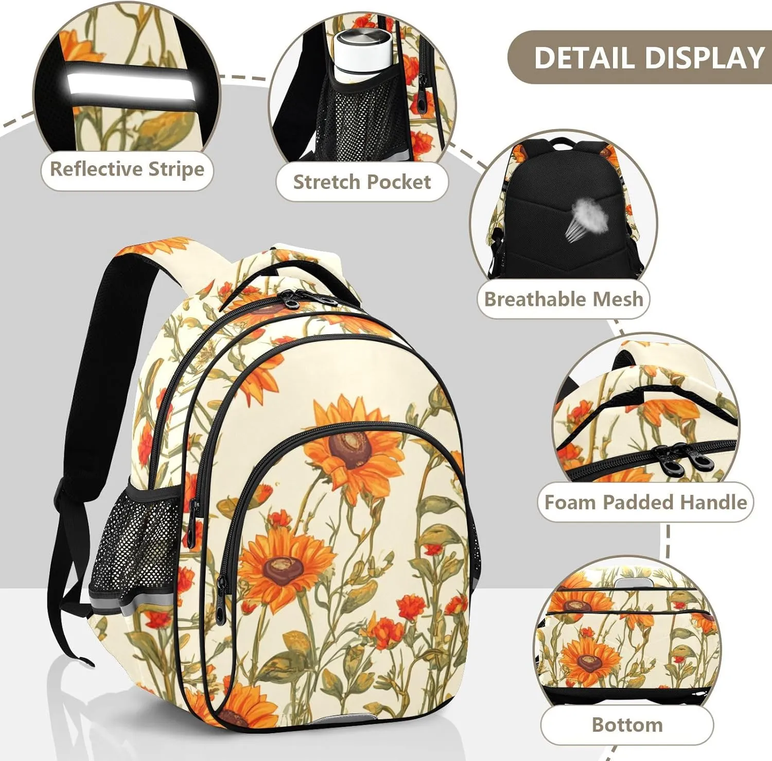 Sunflowers Bushes and Poppy Flowers Beige Kids Backpacks for Girls Boys Elementary School Backpack Bookbag for School Travel Hiking Camping