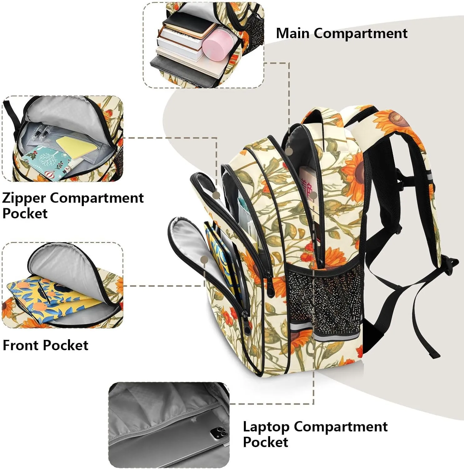 Sunflowers Bushes and Poppy Flowers Beige Kids Backpacks for Girls Boys Elementary School Backpack Bookbag for School Travel Hiking Camping