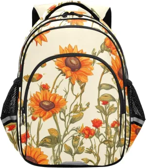 Sunflowers Bushes and Poppy Flowers Beige Kids Backpacks for Girls Boys Elementary School Backpack Bookbag for School Travel Hiking Camping