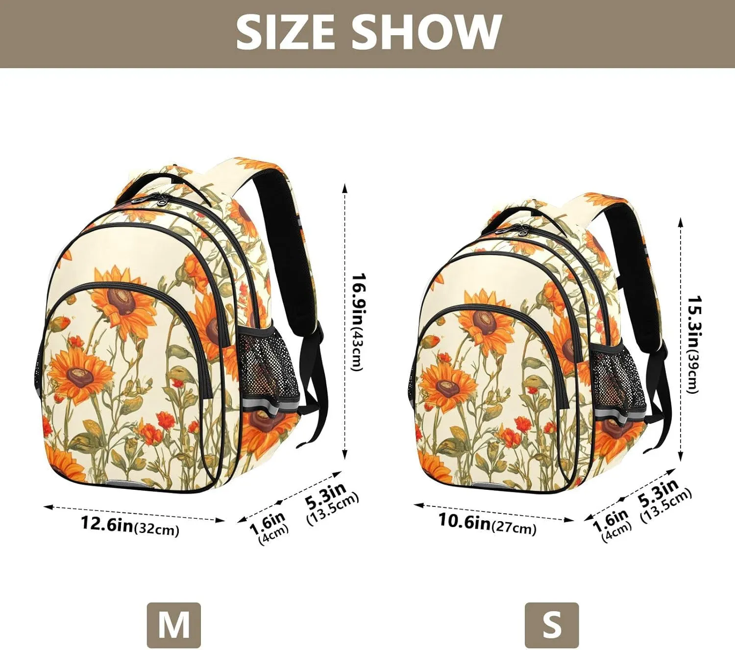 Sunflowers Bushes and Poppy Flowers Beige Kids Backpacks for Girls Boys Elementary School Backpack Bookbag for School Travel Hiking Camping