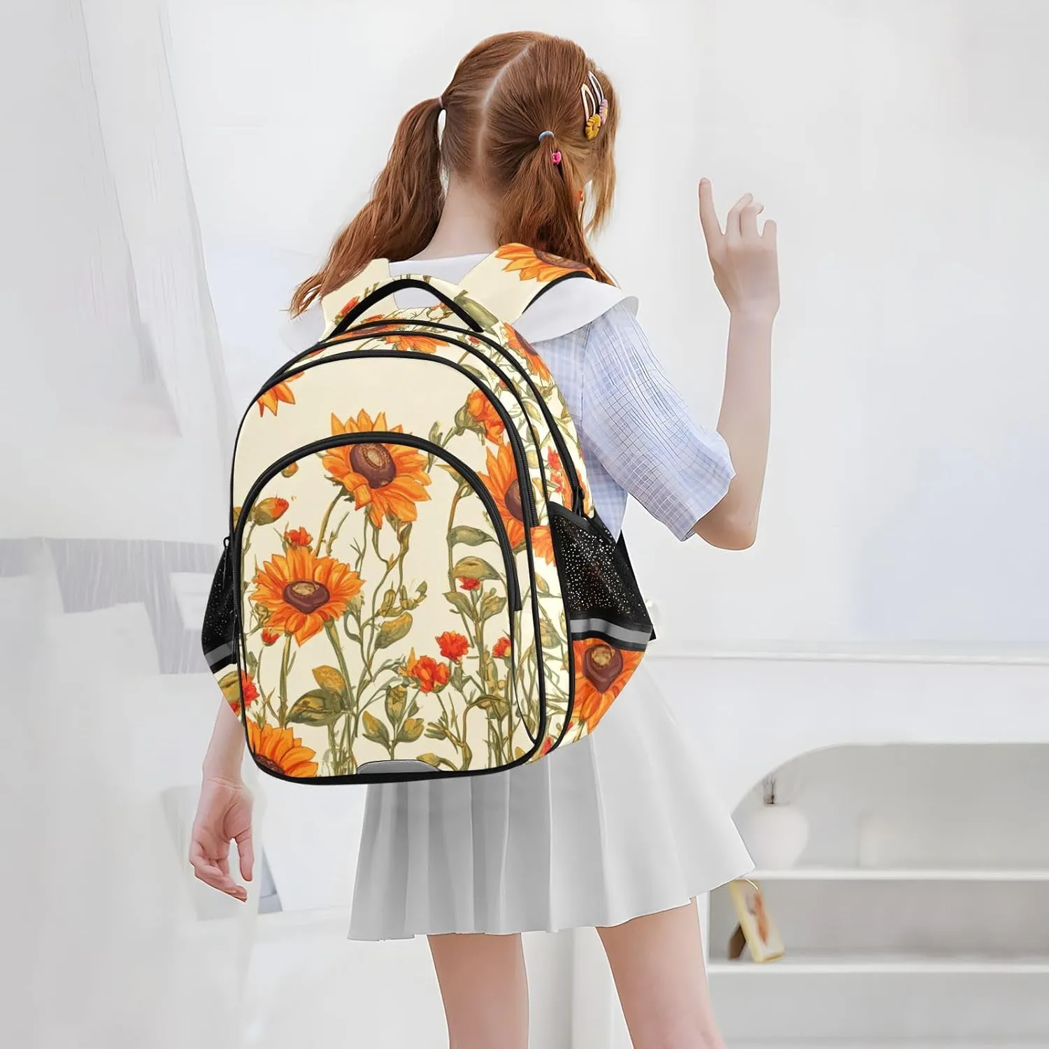 Sunflowers Bushes and Poppy Flowers Beige Kids Backpacks for Girls Boys Elementary School Backpack Bookbag for School Travel Hiking Camping