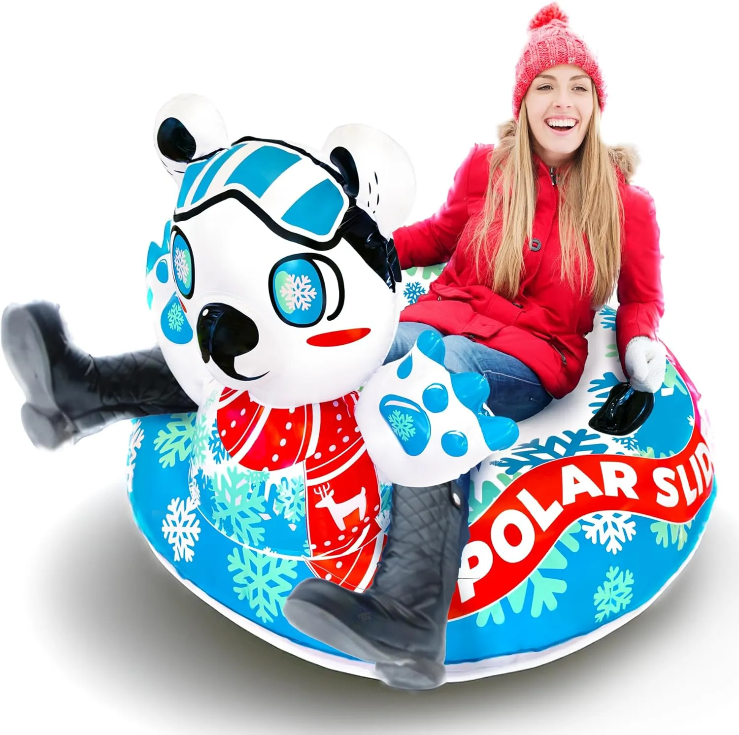 Sunlite Sports Polar Bear Snow Tube - Heavy Duty Inflatable Sled for Winter with Dual Sealed Seams, Grip Handles, Airtight Boston Valve, Repair Patch Kit, Extra Thick Material