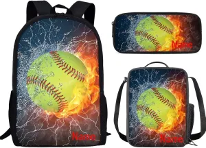 Suobstales Add Your Name on Ice Fire Softball Backpack for Boys Girls School Bag with Lunch Bag and Pencil Case Set Sport Baseball Flames Bookbag Kids Gifts Back Packs Satchel Travel Daypack Rucksack