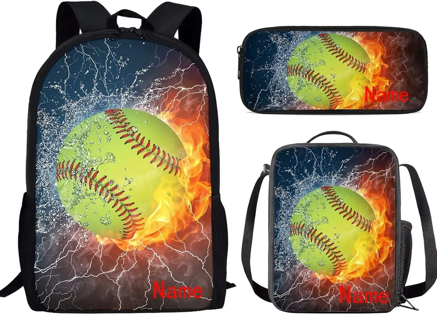 Suobstales Add Your Name on Ice Fire Softball Backpack for Boys Girls School Bag with Lunch Bag and Pencil Case Set Sport Baseball Flames Bookbag Kids Gifts Back Packs Satchel Travel Daypack Rucksack