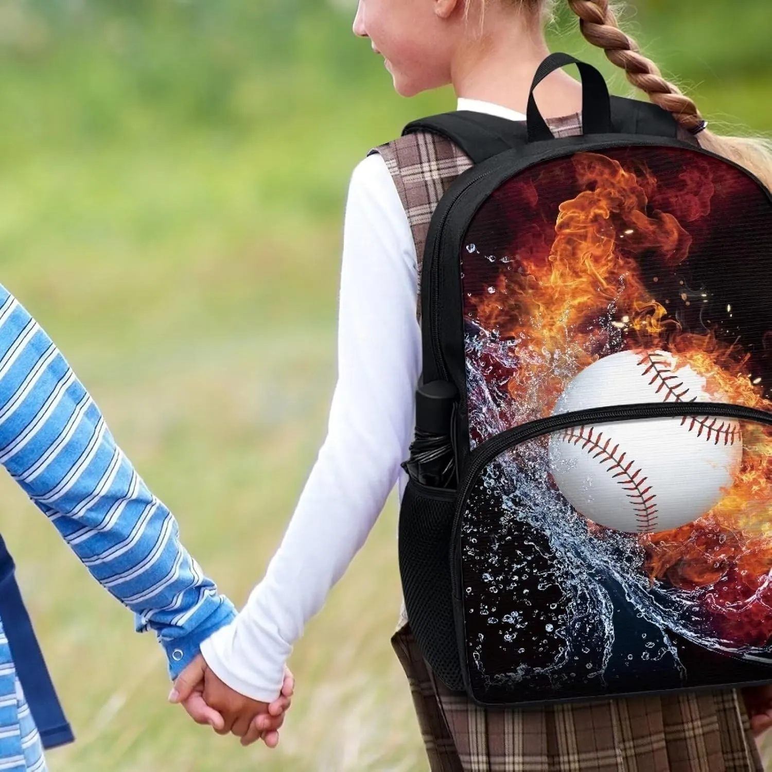 Suobstales Baseball Water Fire Print School Backpack Bookbag Casual Backpack Student Backpack for Students Travel Hiking Camping Daypack with Front Zipper Pocket