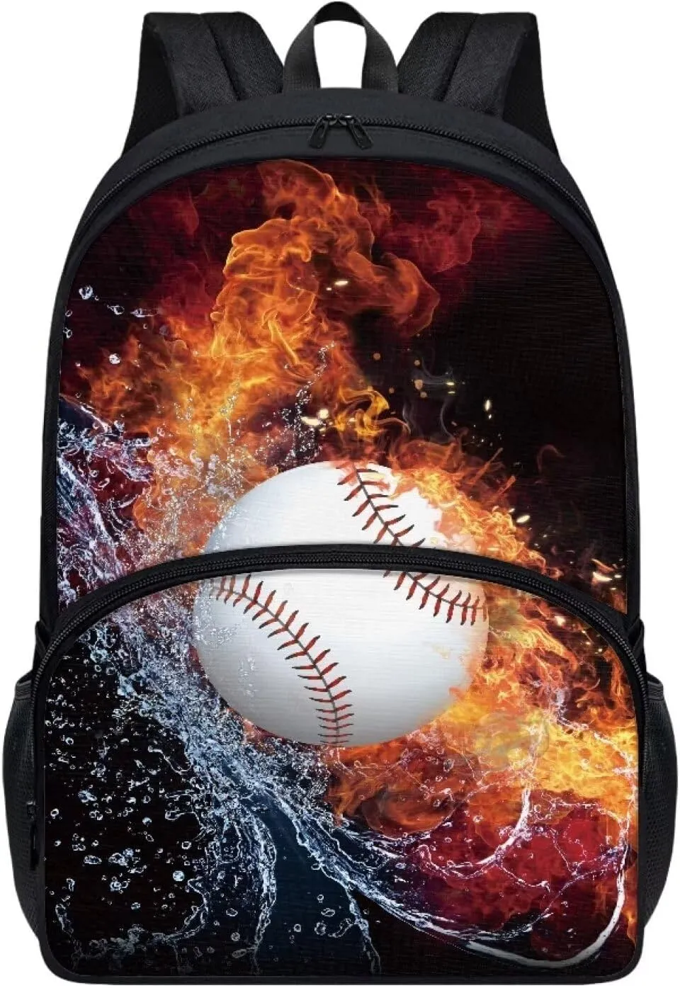 Suobstales Baseball Water Fire Print School Backpack Bookbag Casual Backpack Student Backpack for Students Travel Hiking Camping Daypack with Front Zipper Pocket
