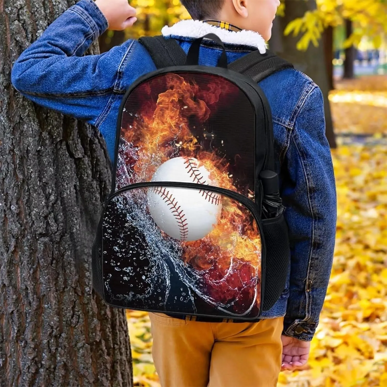Suobstales Baseball Water Fire Print School Backpack Bookbag Casual Backpack Student Backpack for Students Travel Hiking Camping Daypack with Front Zipper Pocket