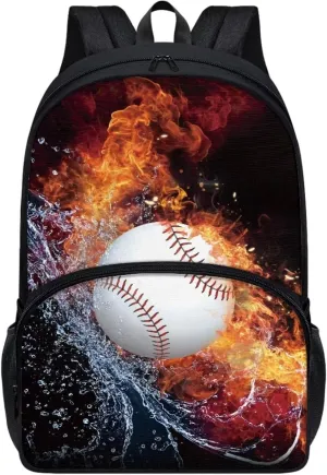 Suobstales Baseball Water Fire Print School Backpack Bookbag Casual Backpack Student Backpack for Students Travel Hiking Camping Daypack with Front Zipper Pocket