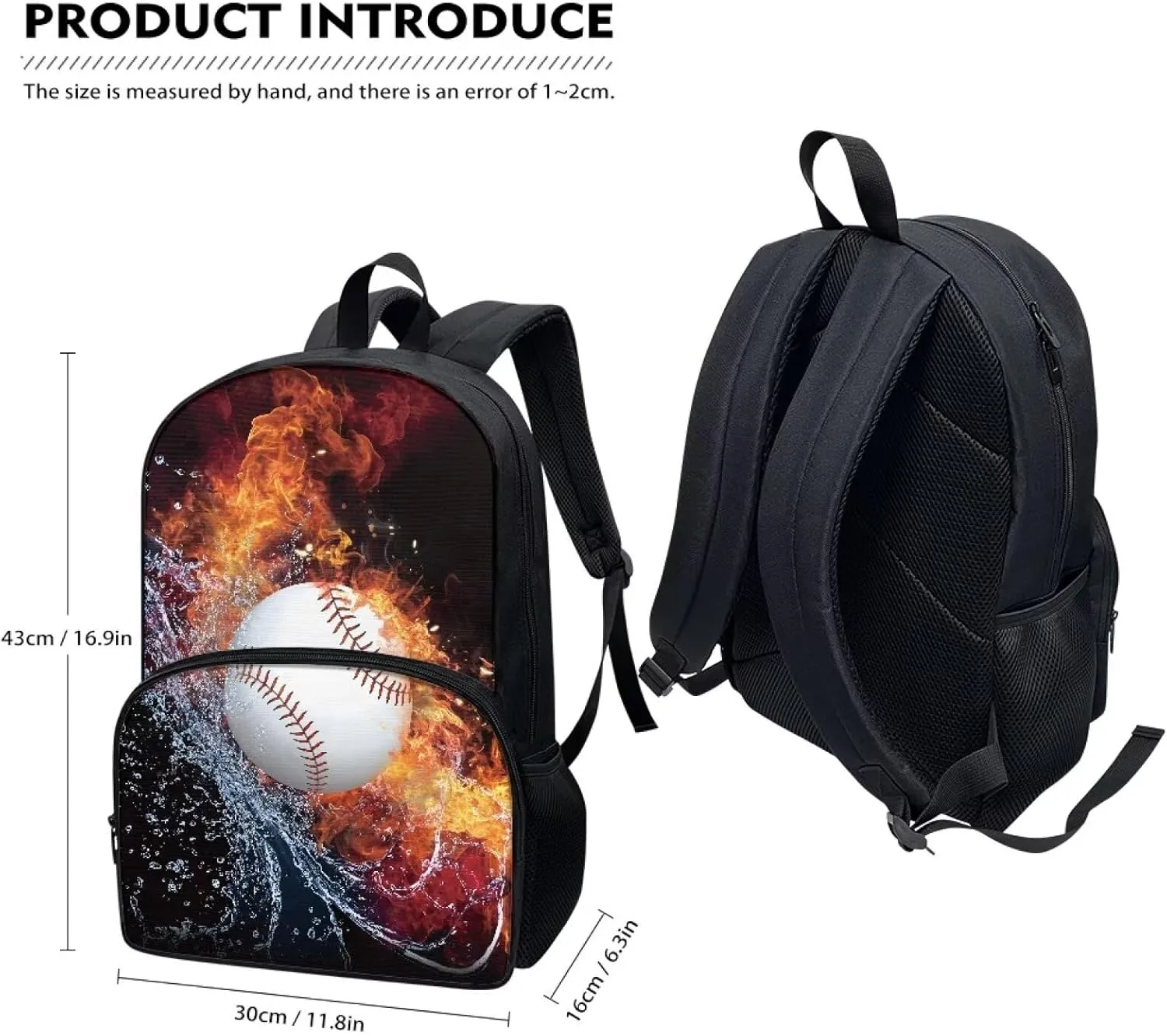 Suobstales Baseball Water Fire Print School Backpack Bookbag Casual Backpack Student Backpack for Students Travel Hiking Camping Daypack with Front Zipper Pocket