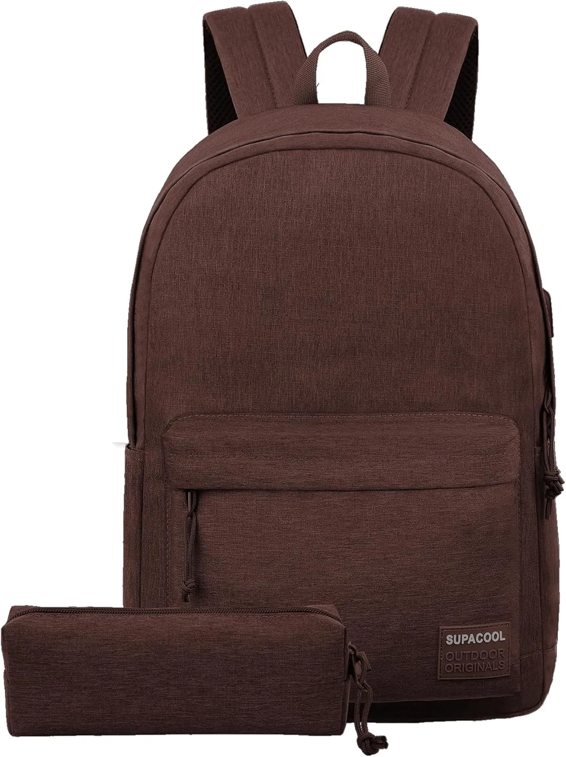 SUPACOOL Casual Laptop Backpack for Men and Women, Pencil Pouch, School Backpack with USB Charging Port, Bookbag for Boys and Girls(Coffee set)