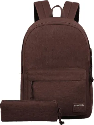SUPACOOL Casual Laptop Backpack for Men and Women, Pencil Pouch, School Backpack with USB Charging Port, Bookbag for Boys and Girls(Coffee set)