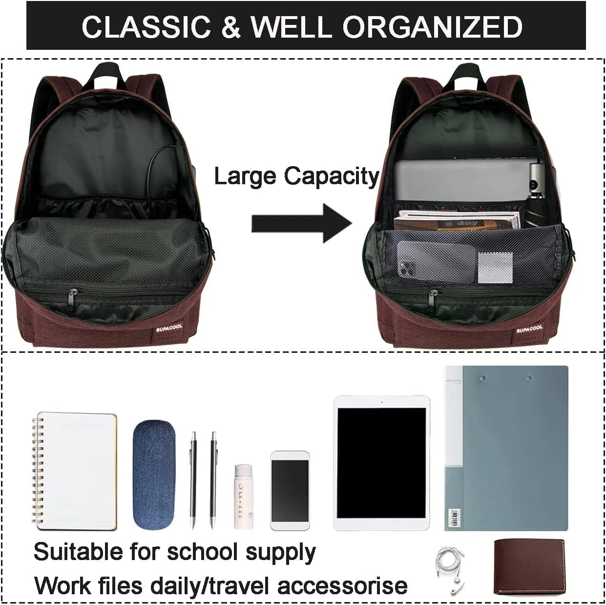 SUPACOOL Casual Laptop Backpack for Men and Women, Pencil Pouch, School Backpack with USB Charging Port, Bookbag for Boys and Girls(Coffee set)