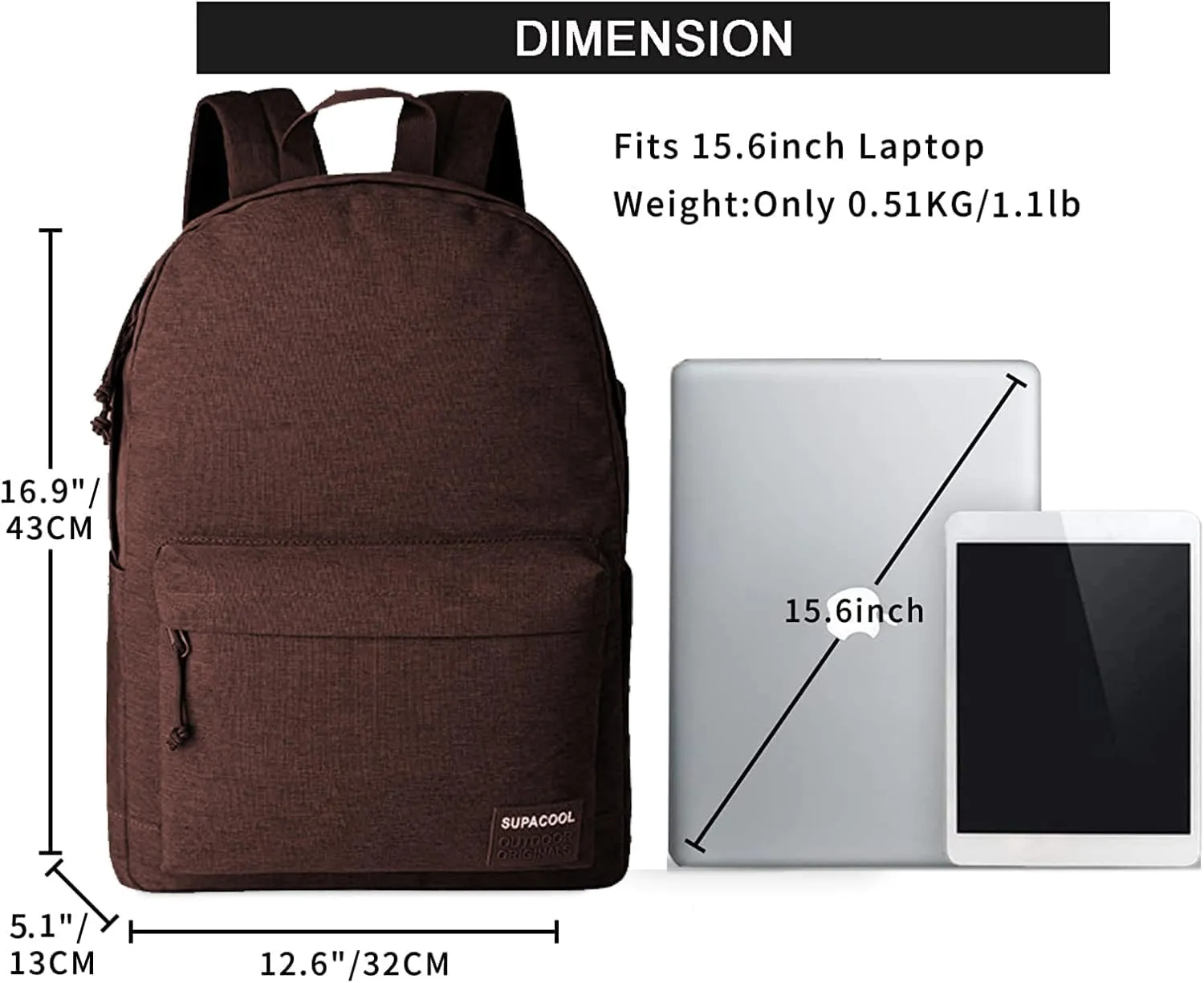 SUPACOOL Casual Laptop Backpack for Men and Women, Pencil Pouch, School Backpack with USB Charging Port, Bookbag for Boys and Girls(Coffee set)