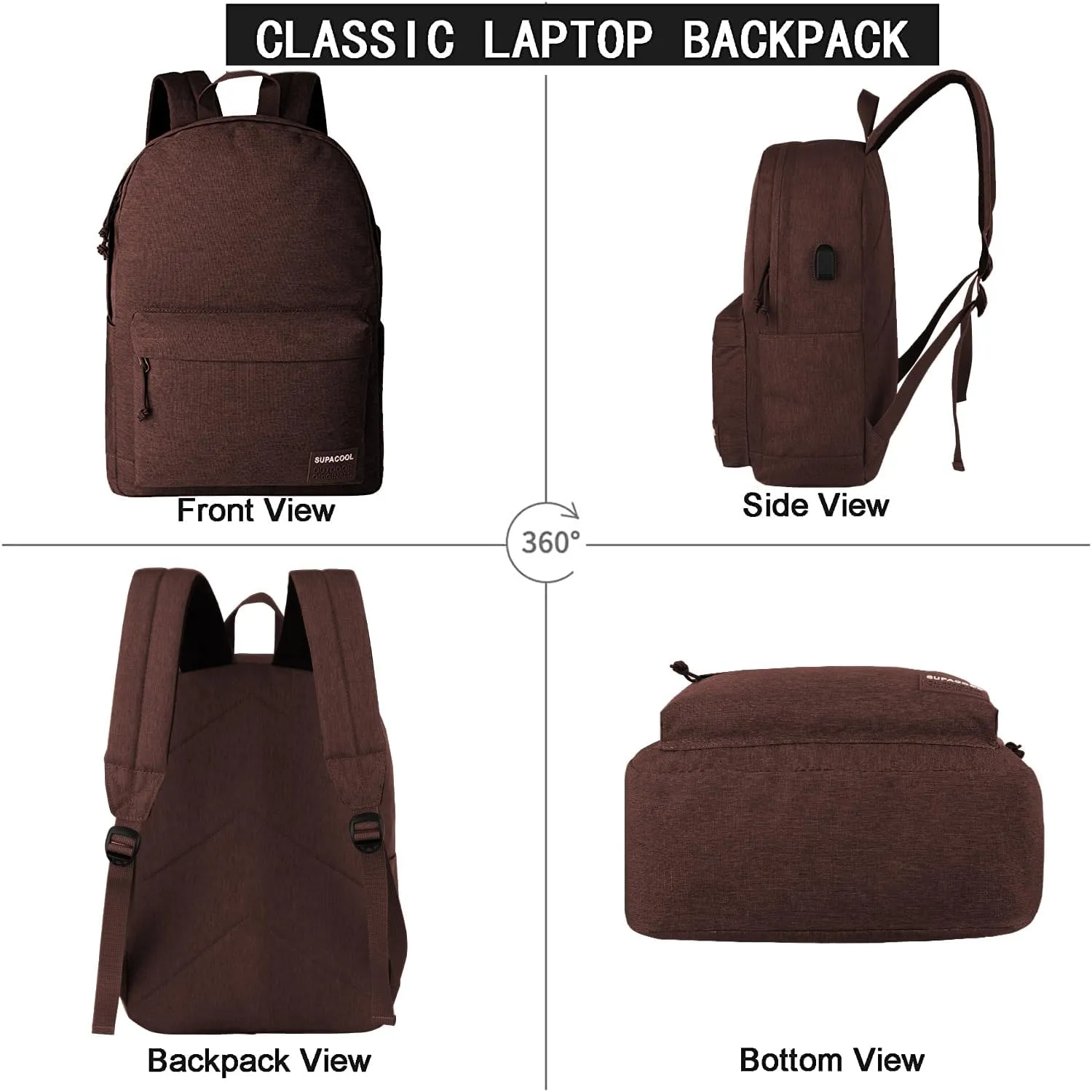 SUPACOOL Casual Laptop Backpack for Men and Women, Pencil Pouch, School Backpack with USB Charging Port, Bookbag for Boys and Girls(Coffee set)
