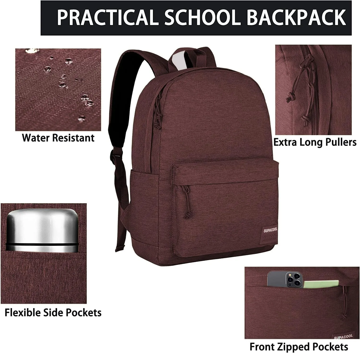 SUPACOOL Casual Laptop Backpack for Men and Women, Pencil Pouch, School Backpack with USB Charging Port, Bookbag for Boys and Girls(Coffee set)
