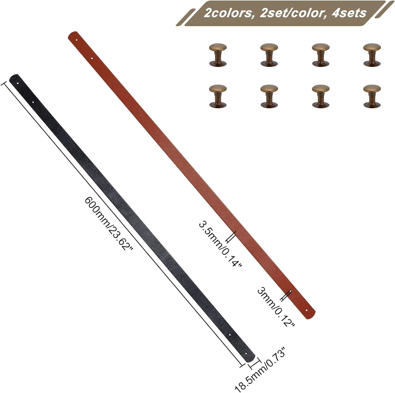 SUPERFINDINGS 4 Sets 2 Colors Faux Leather Bag Handles with 20 Sets Iron Rivets 23.62x0.72inch PU Leather Bag Strap Replacement Handbag Handle Belt for Bag Making Supplies, Hole: 3mm