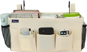Surblue Bedside Organizer with Hook Caddy Hanging Storage Bag with Adjustable Straps and Water Bottle Holder for Home, College Dorm, Bunk Bed Accessories, Crib, Hospital Bed, Beige