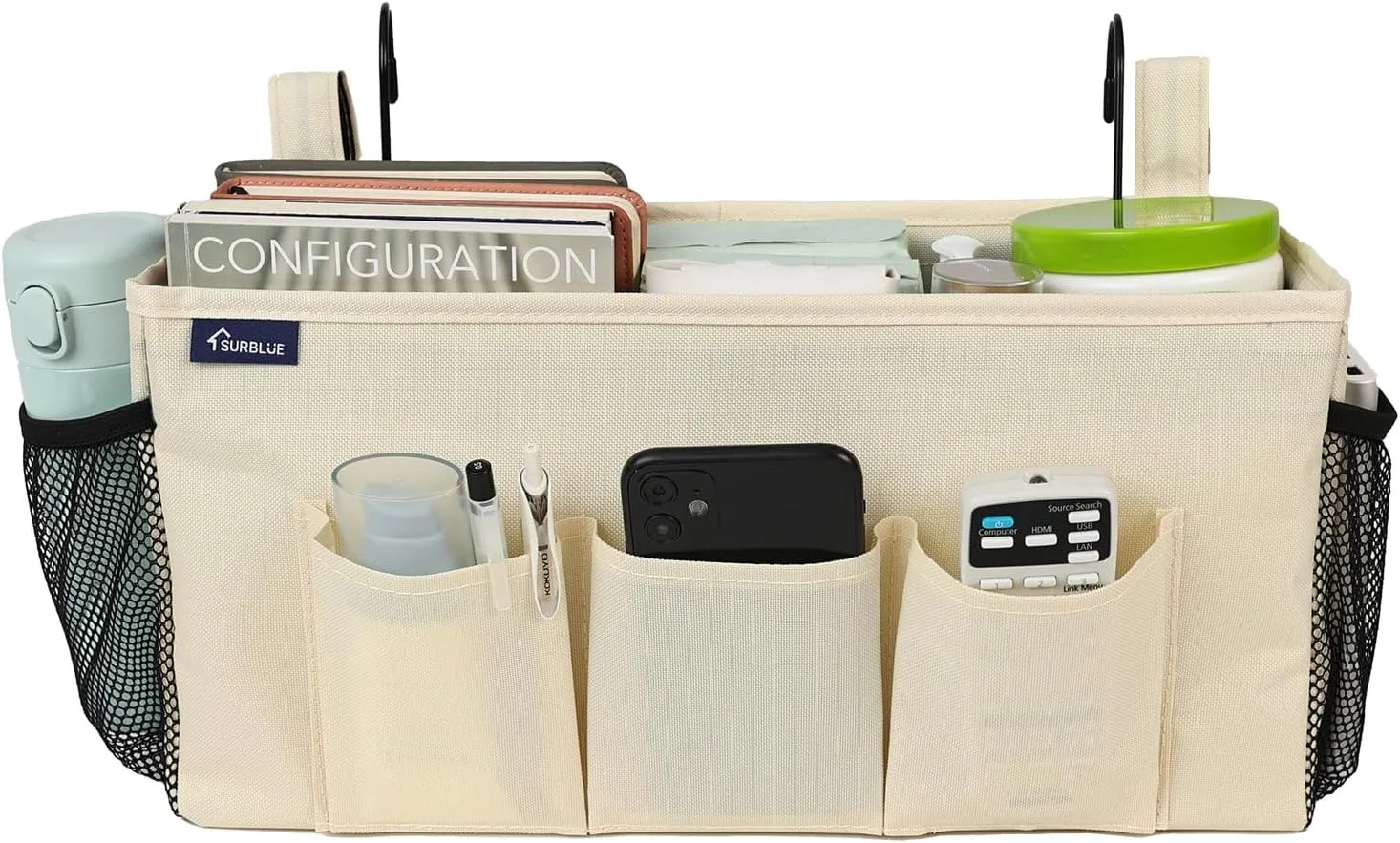 Surblue Bedside Organizer with Hook Caddy Hanging Storage Bag with Adjustable Straps and Water Bottle Holder for Home, College Dorm, Bunk Bed Accessories, Crib, Hospital Bed, Beige