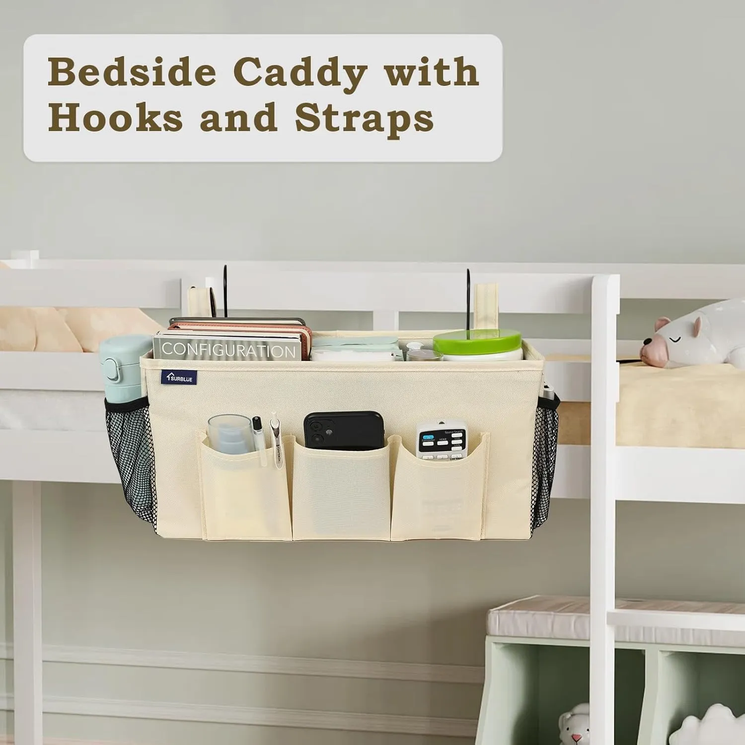 Surblue Bedside Organizer with Hook Caddy Hanging Storage Bag with Adjustable Straps and Water Bottle Holder for Home, College Dorm, Bunk Bed Accessories, Crib, Hospital Bed, Beige