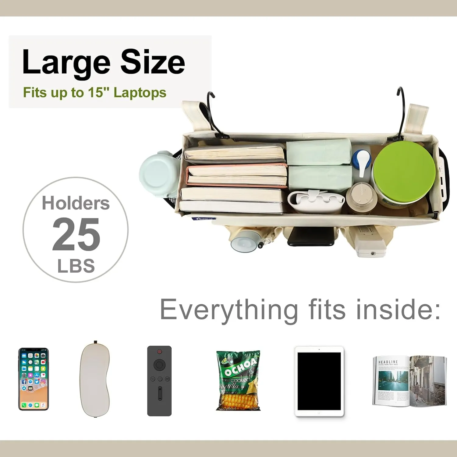 Surblue Bedside Organizer with Hook Caddy Hanging Storage Bag with Adjustable Straps and Water Bottle Holder for Home, College Dorm, Bunk Bed Accessories, Crib, Hospital Bed, Beige