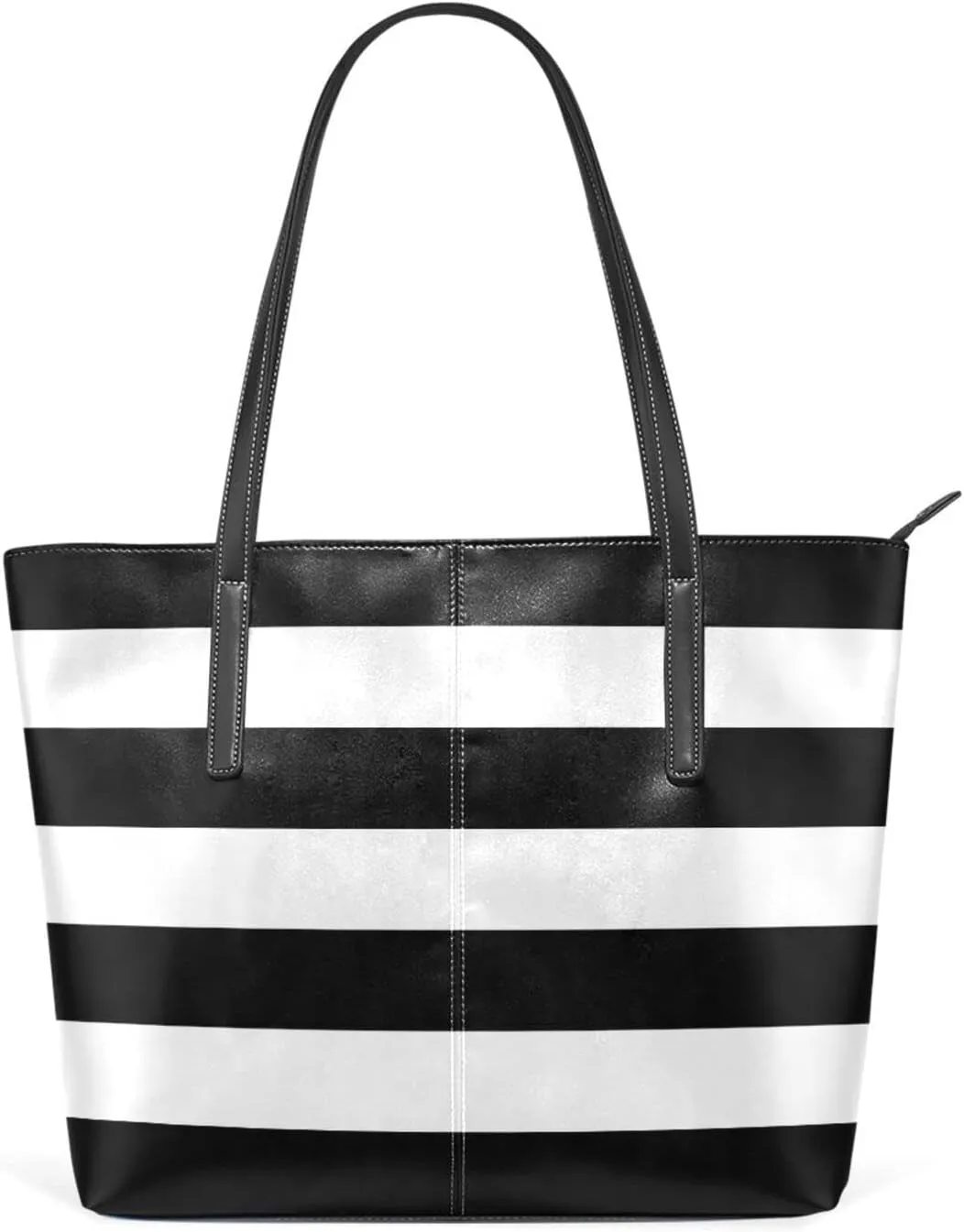 susiyo Black White Stripes Tote Bag with Zipper PU Leather Handbags for Women Top Handle Ladies Shoulder Bag with External Pocket