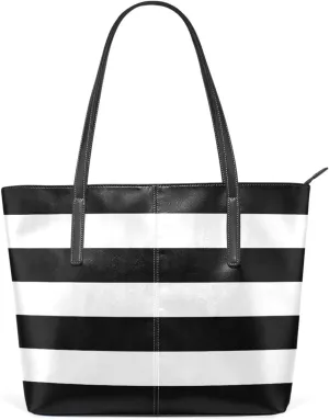 susiyo Black White Stripes Tote Bag with Zipper PU Leather Handbags for Women Top Handle Ladies Shoulder Bag with External Pocket