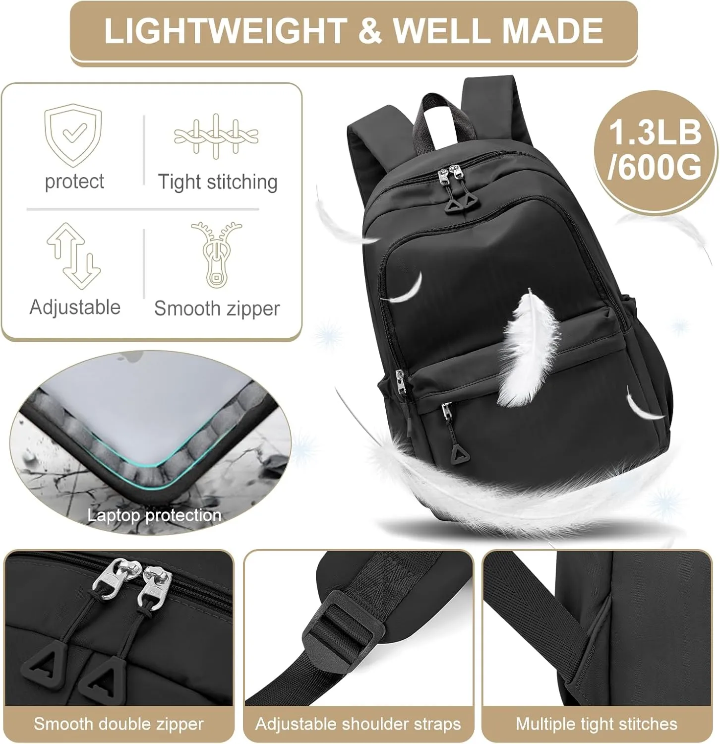 suwasp Casual Laptop Backpack for Women Men College Bookbag Waterproof Lightweight School Bag 15.6inch Laptop Daypack Large Capacity School Backpack for Teens Boys Girls (black A)