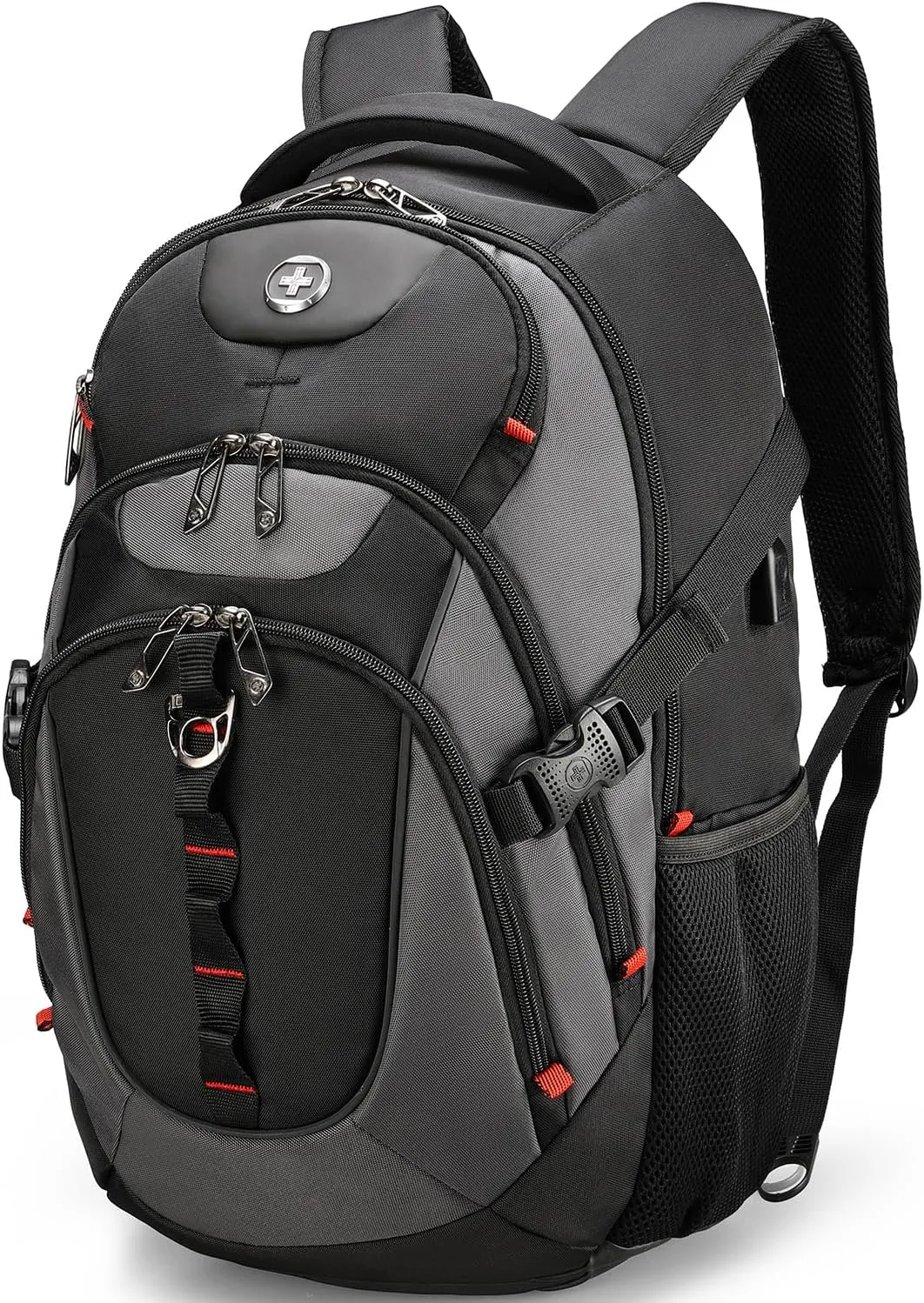 Swissdigital Design Business Laptop Backpack with Smart USB Charging Port, Travel Backpack Fits 15.6 inches Laptops, Water Repellent College Backpack for Men Women, Black/Grey | SD803