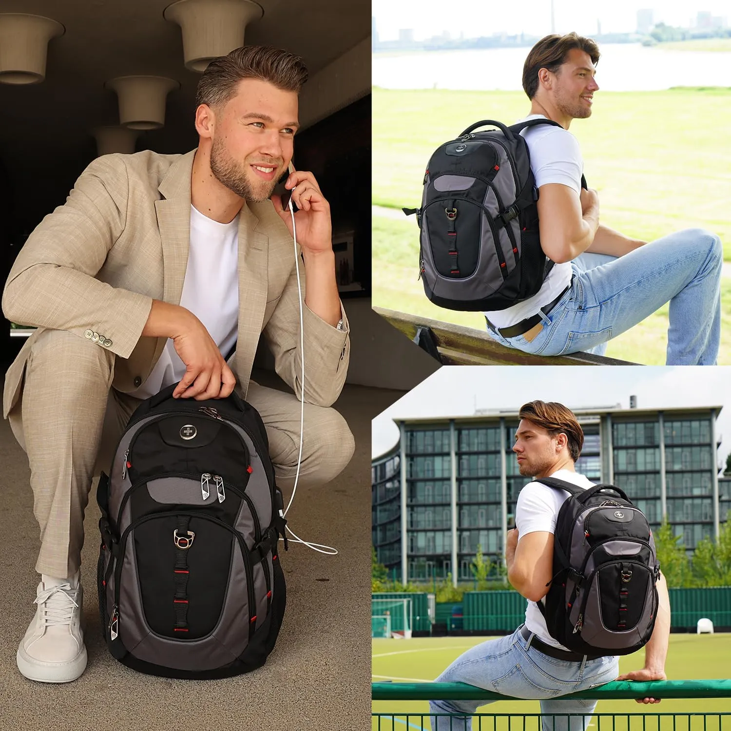 Swissdigital Design Business Laptop Backpack with Smart USB Charging Port, Travel Backpack Fits 15.6 inches Laptops, Water Repellent College Backpack for Men Women, Black/Grey | SD803
