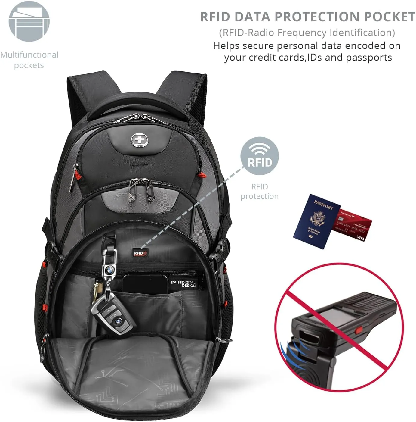 Swissdigital Design Business Laptop Backpack with Smart USB Charging Port, Travel Backpack Fits 15.6 inches Laptops, Water Repellent College Backpack for Men Women, Black/Grey | SD803