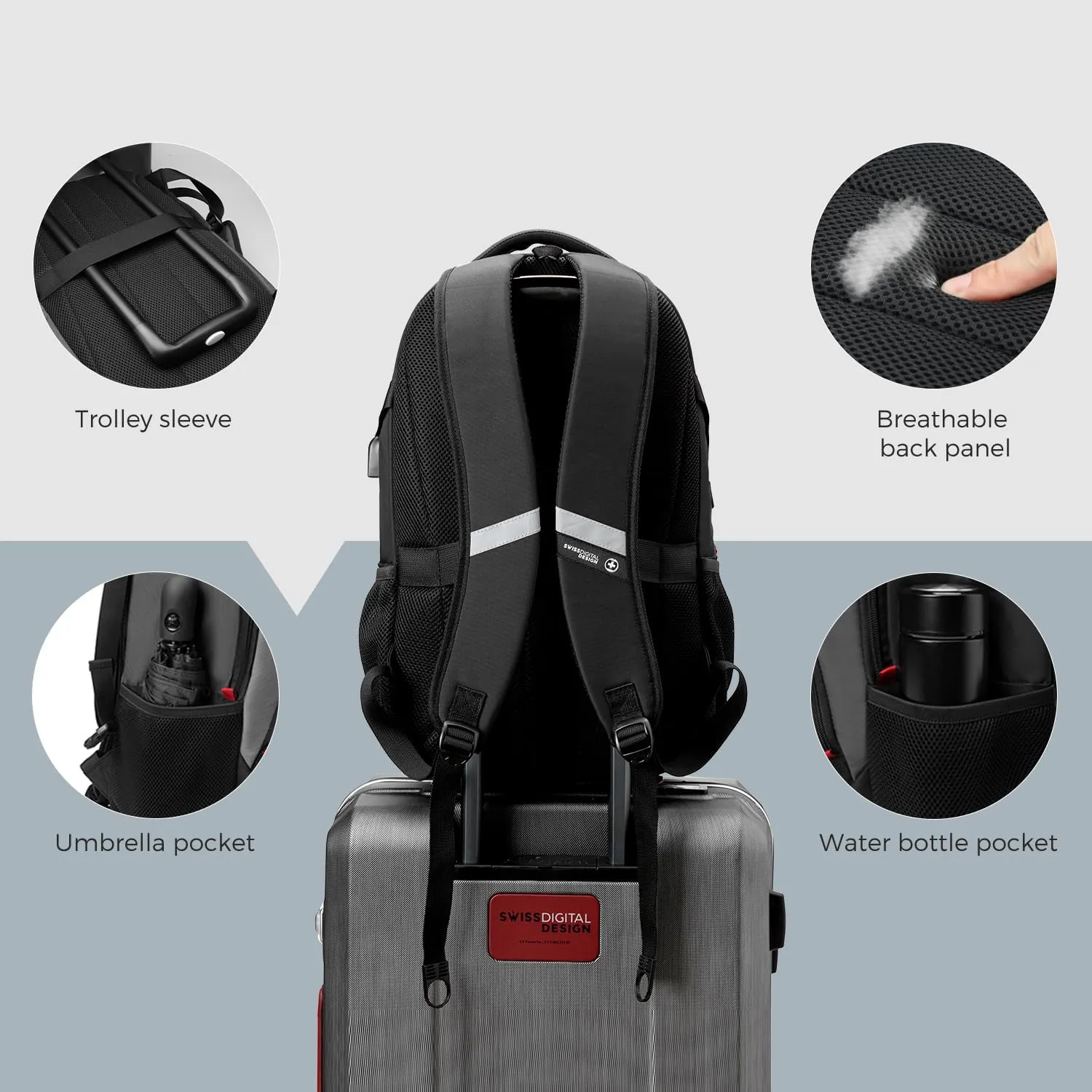 Swissdigital Design Business Laptop Backpack with Smart USB Charging Port, Travel Backpack Fits 15.6 inches Laptops, Water Repellent College Backpack for Men Women, Black/Grey | SD803
