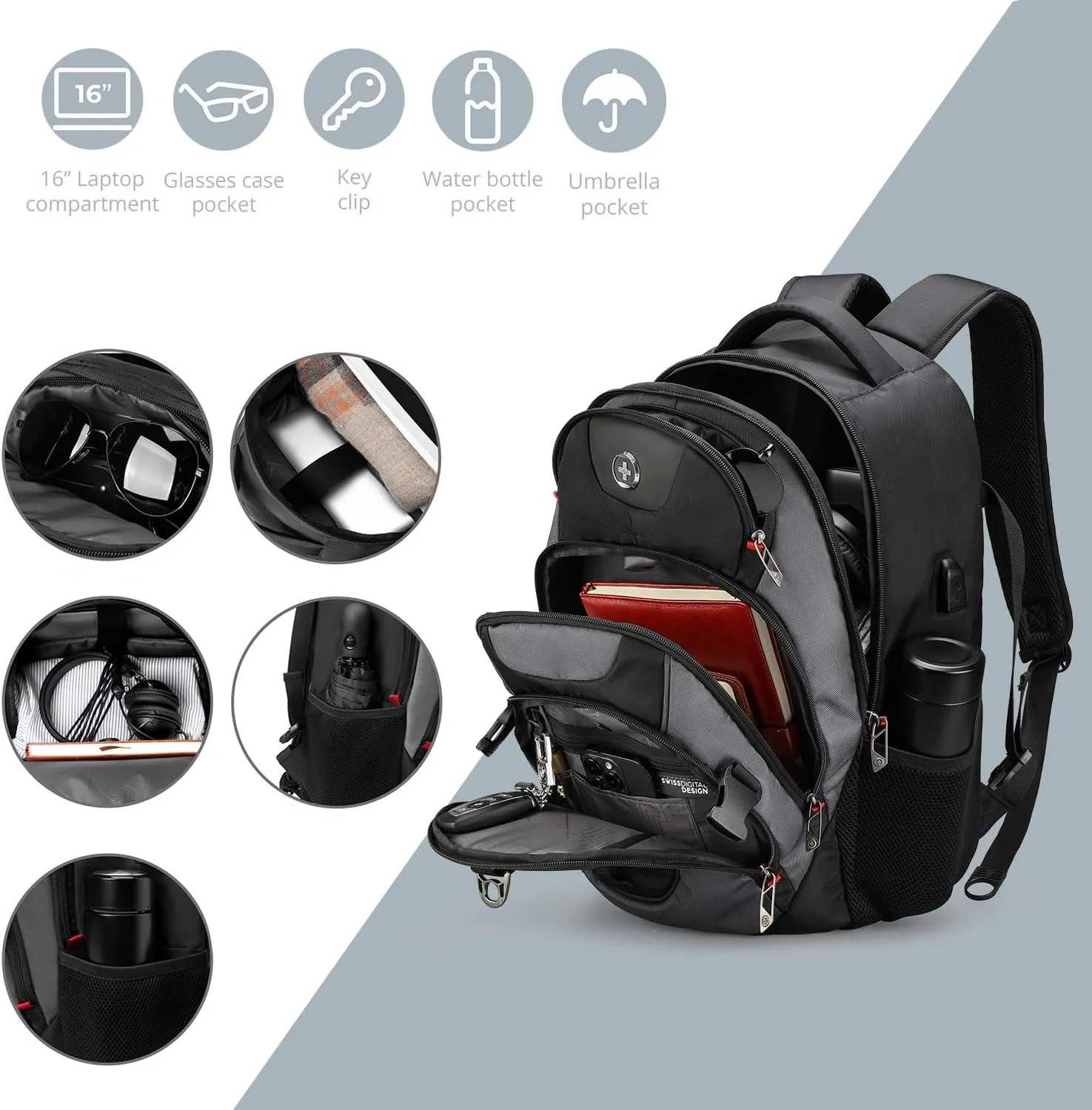 Swissdigital Design Business Laptop Backpack with Smart USB Charging Port, Travel Backpack Fits 15.6 inches Laptops, Water Repellent College Backpack for Men Women, Black/Grey | SD803