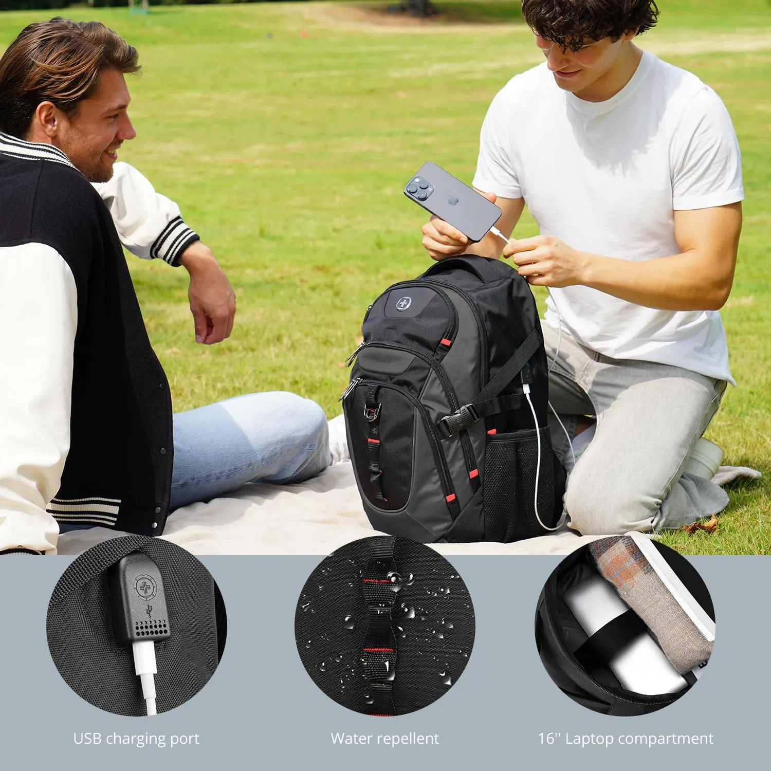 Swissdigital Design Business Laptop Backpack with Smart USB Charging Port, Travel Backpack Fits 15.6 inches Laptops, Water Repellent College Backpack for Men Women, Black/Grey | SD803
