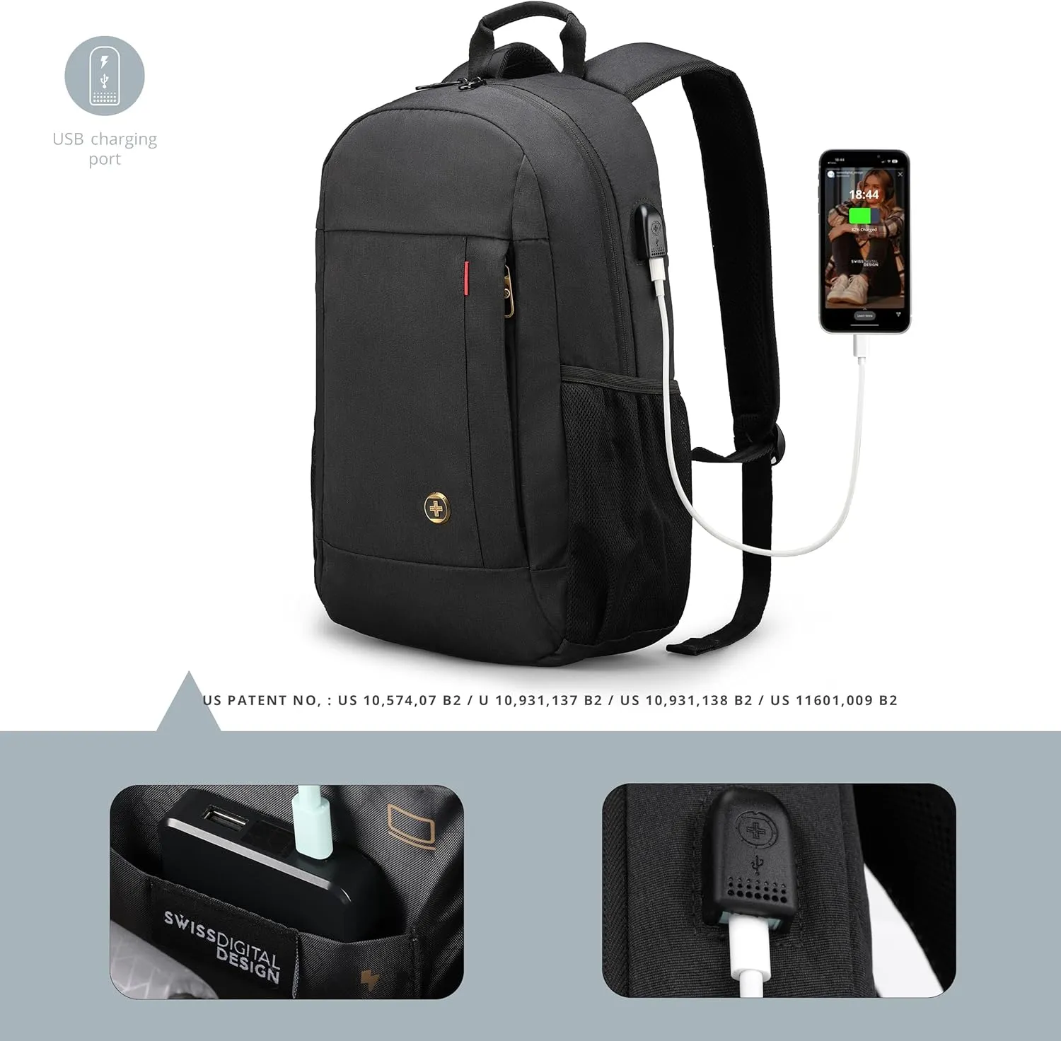 Swissdigital Design College Laptop Backpack, Travel Slim Laptops Backpack with USB Charging Port for Men & Women Fits 16 Inch Notebook, Black | ARBON
