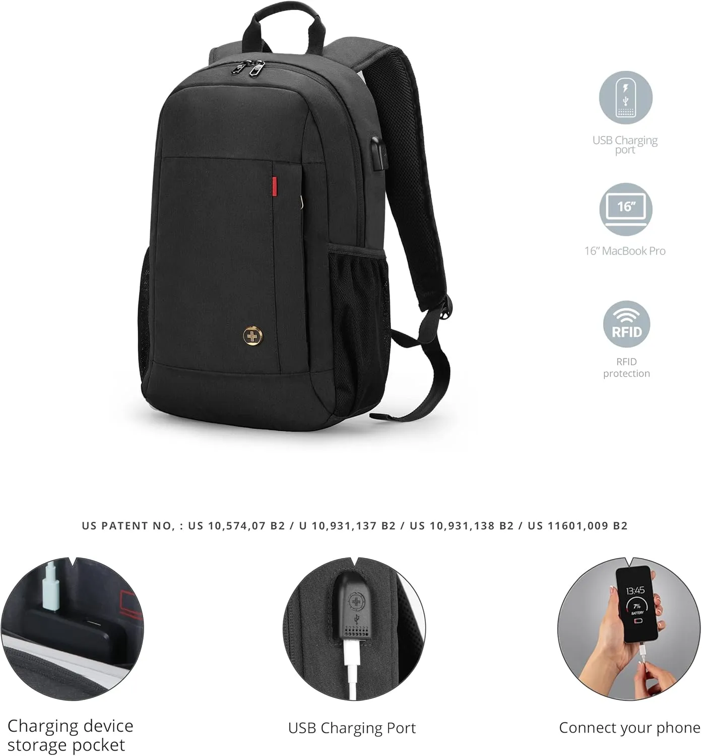 Swissdigital Design College Laptop Backpack, Travel Slim Laptops Backpack with USB Charging Port for Men & Women Fits 16 Inch Notebook, Black | ARBON