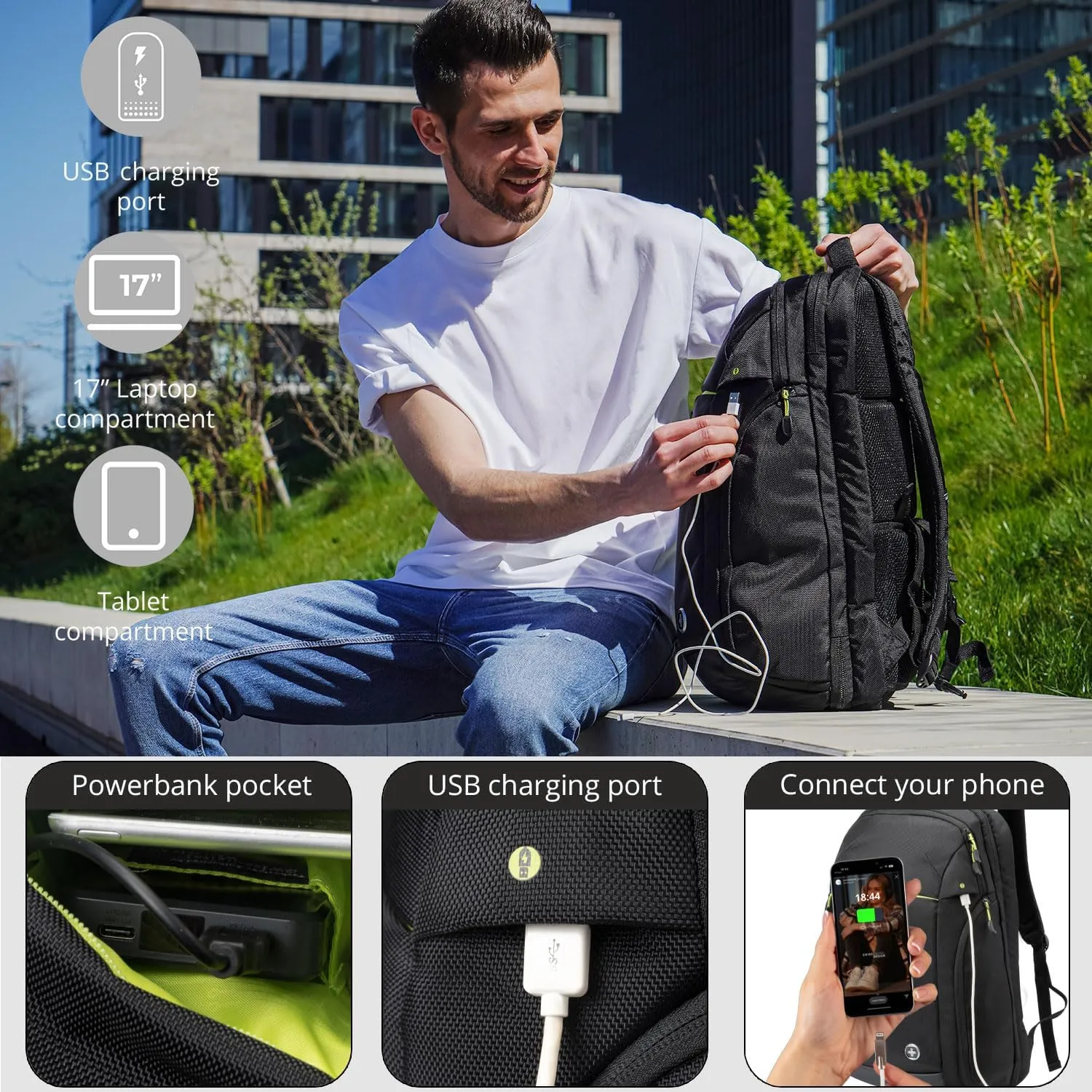 Swissdigital Design Large Travel Backpack for Men,17 Inch Laptops Backpack with USB Charging Port,Carry on Business Anti-theft Backpack With RFID Protection (JAVA SD805)