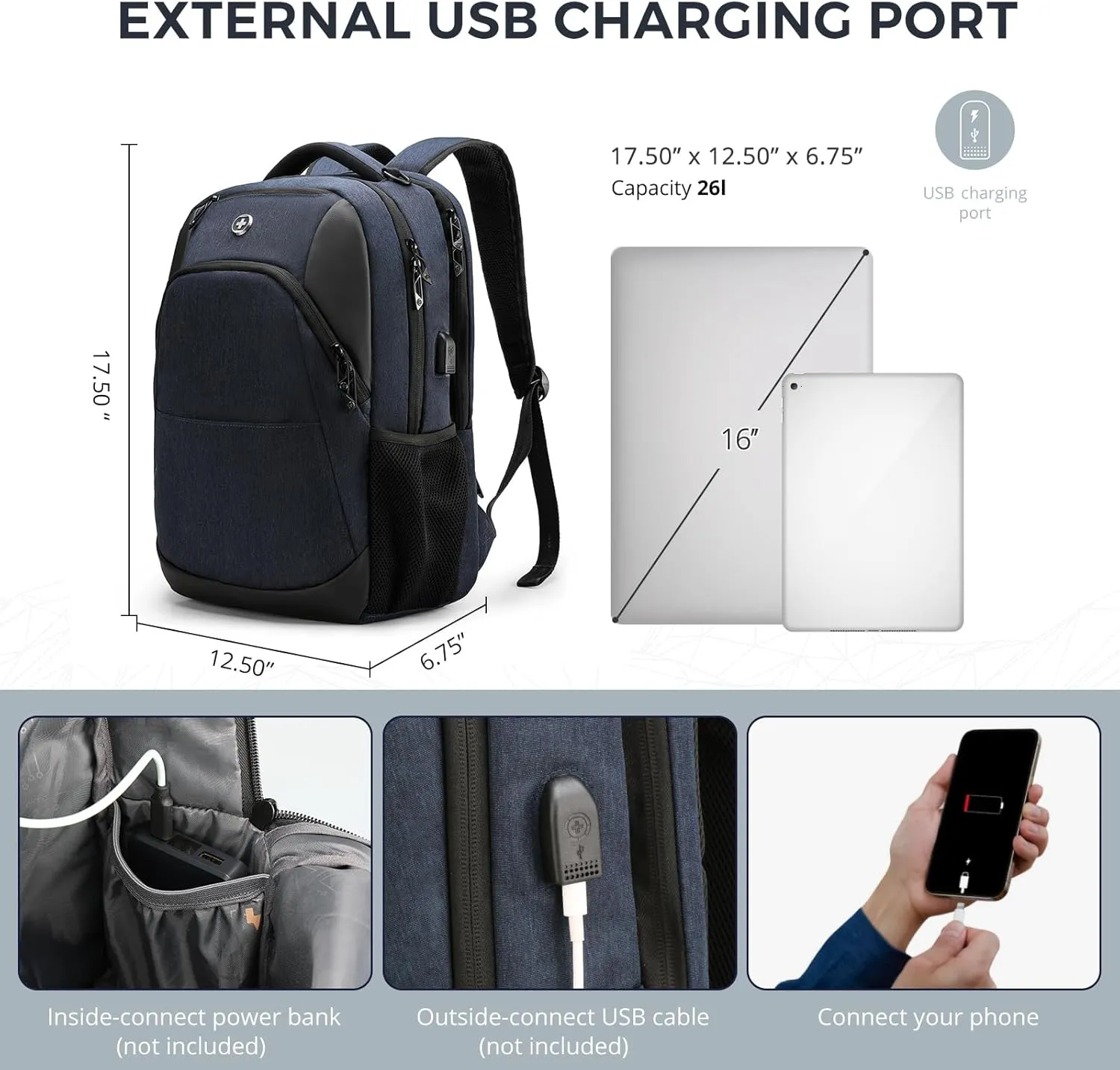 Swissdigital Design Travel Laptop Backpack for Men and Women, Business Backpack with USB Charging Port for Fits 16 Inch Notebook, Blue | ANDWIL