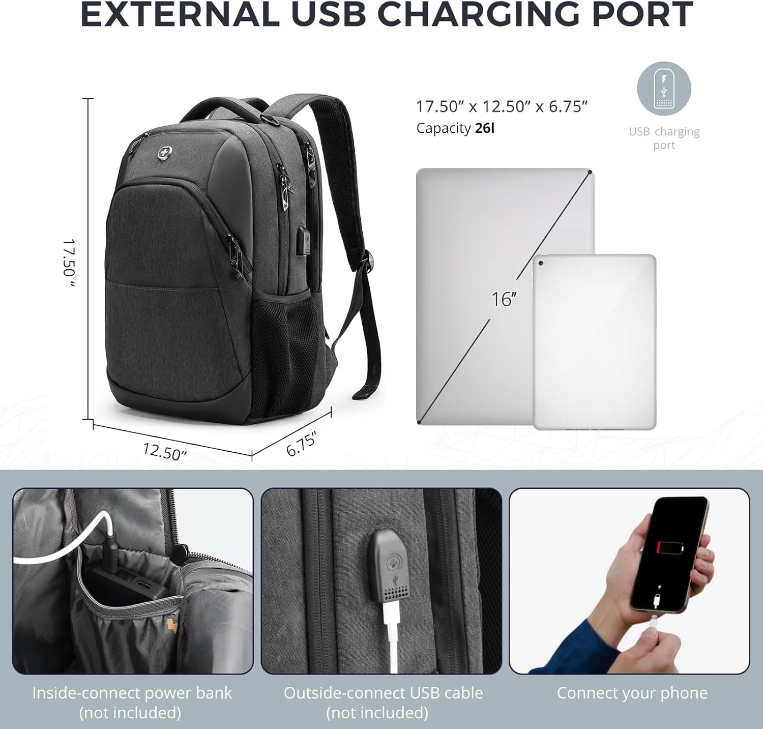 Swissdigital Design Travel Laptop Backpack for Men and Women, College Backpack with USB Charging Port for Fits 16 Inch Notebook, Grey | ANDWIL