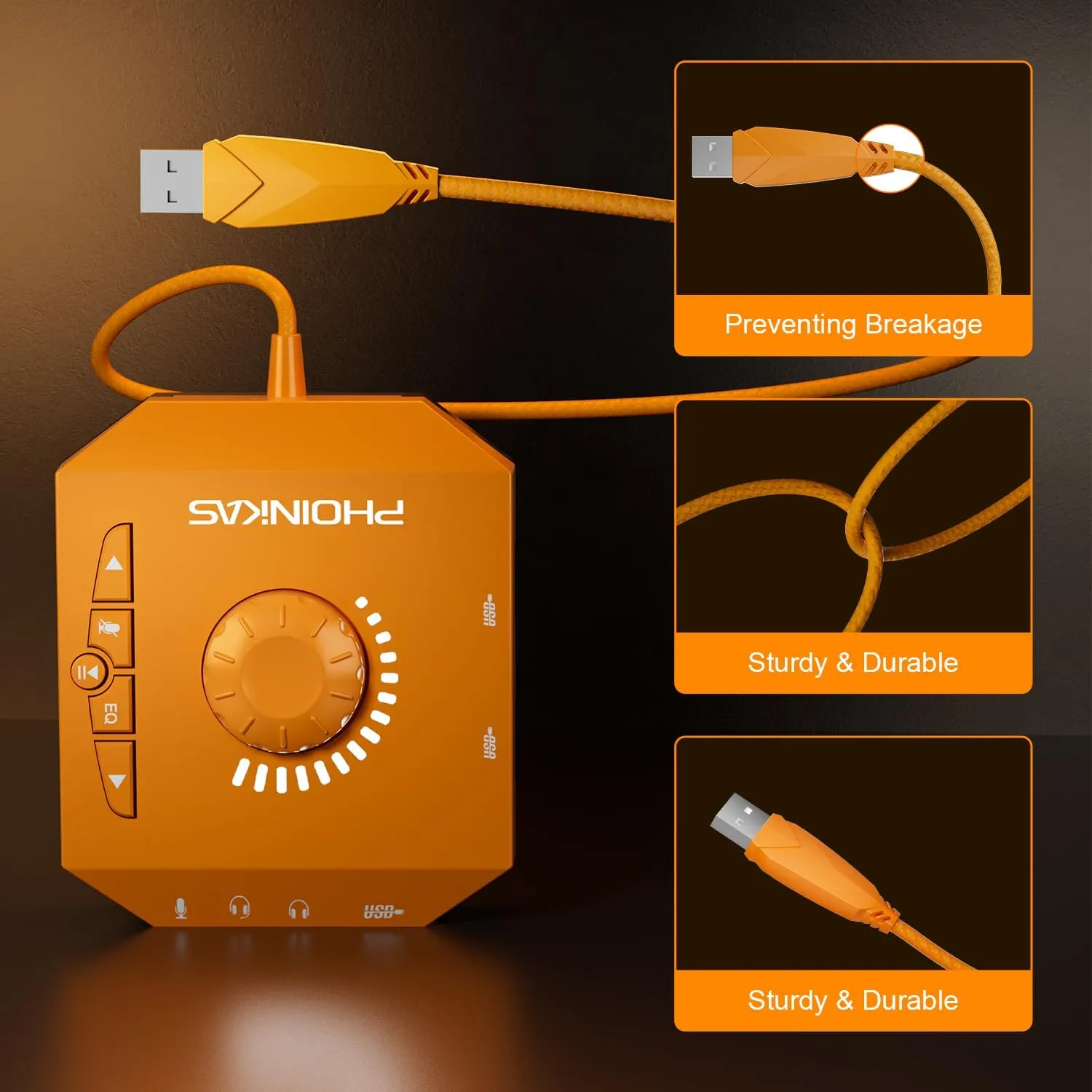 T10 External Sound Card, PHOINIKAS USB Audio Adapter for PC Windows, Mac, Linux, Laptops, Desktops, Stereo Sound Card with 3.5mm Interface & USB Interface, Volume Control, Plug & Play (6-in-1, Orange)